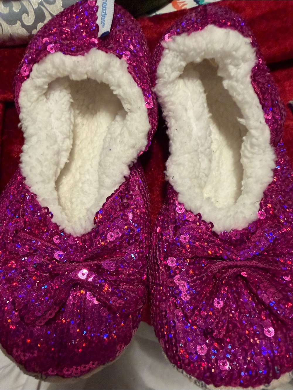 Sequin Bow Cozy Slipper - Pink worn twice hot pink medium